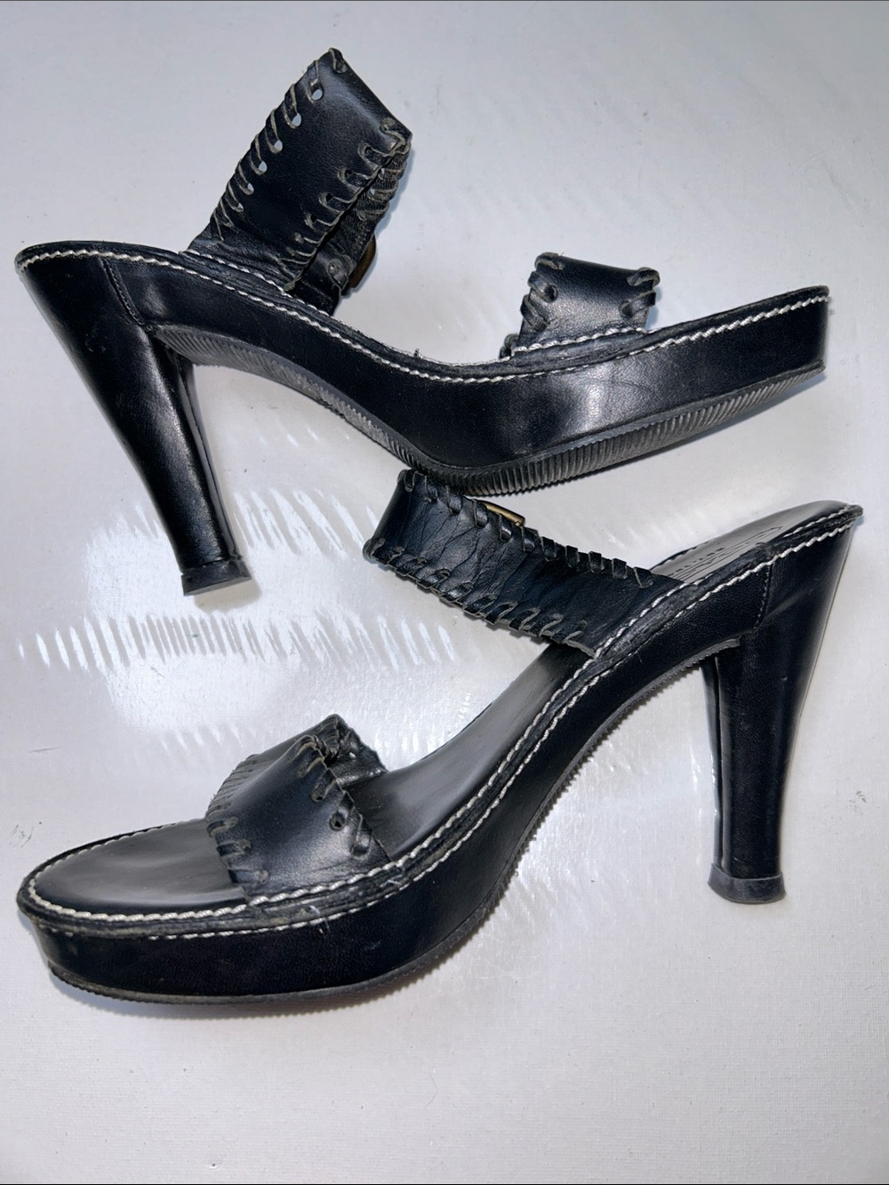 Coach Kendra Black Leather Whipstitching Platform Strap Heeled Sandals w Buckle